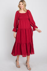 Red Square Ruffle Neck Smocked Midi Dress