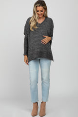 Charcoal V-Neck Brushed Maternity Knit Top