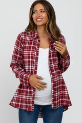 Burgundy Plaid Button Front Long Sleeve Maternity Top