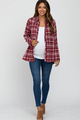 Burgundy Plaid Button Front Long Sleeve Maternity Top