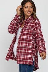 Burgundy Plaid Button Front Long Sleeve Maternity Top