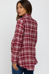 Burgundy Plaid Button Front Long Sleeve Maternity Top