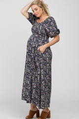 Navy Blue Floral Square Neck Puff Sleeve Maternity Maxi Dress