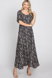 Navy Blue Floral Square Neck Puff Sleeve Maxi Dress