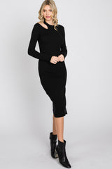 Black Ribbed Cutout Fitted Dress