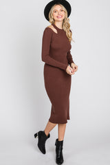 Brown Ribbed Cutout Fitted Dress