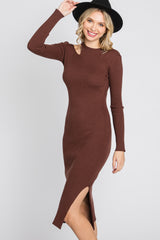 Brown Ribbed Cutout Fitted Dress