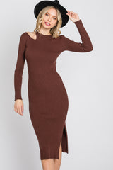 Brown Ribbed Cutout Fitted Dress