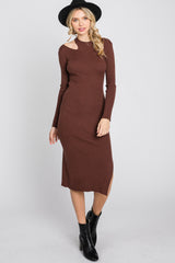 Brown Ribbed Cutout Fitted Dress