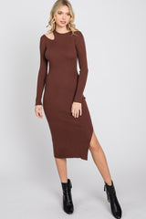 Brown Ribbed Cutout Fitted Dress