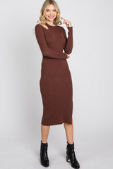 Brown Ribbed Cutout Fitted Dress