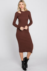 Brown Ribbed Cutout Fitted Dress