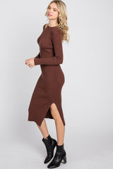 Brown Ribbed Cutout Fitted Dress