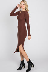 Brown Ribbed Cutout Fitted Dress