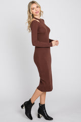 Brown Ribbed Cutout Fitted Dress