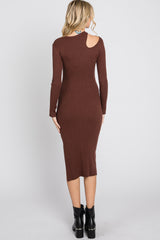 Brown Ribbed Cutout Fitted Dress