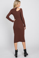 Brown Ribbed Cutout Fitted Dress