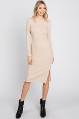 Beige Ribbed Cutout Fitted Dress