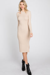 Beige Ribbed Cutout Fitted Dress