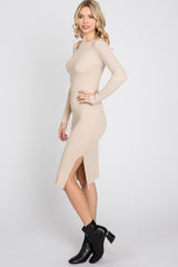 Beige Ribbed Cutout Fitted Dress