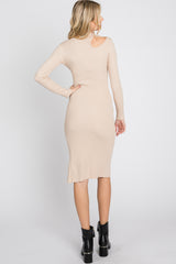 Beige Ribbed Cutout Fitted Dress