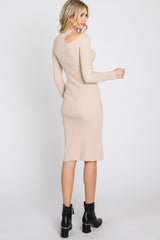 Beige Ribbed Cutout Fitted Dress