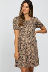 Taupe Animal Print Puff Sleeve Maternity Dress