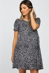 Black Animal Print Puff Sleeve Maternity Dress