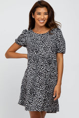 Black Animal Print Puff Sleeve Dress