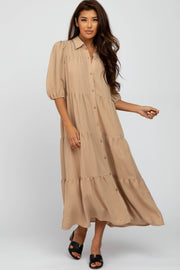 Taupe Tiered Puff Sleeve Maxi Dress