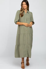 Light Olive Tiered Puff Sleeve Maternity Maxi Dress