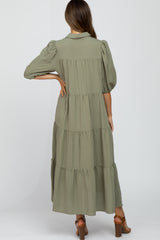 Light Olive Tiered Puff Sleeve Maternity Maxi Dress