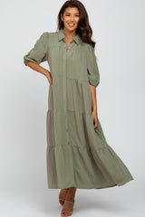 Light Olive Tiered Puff Sleeve Maternity Maxi Dress