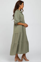 Light Olive Tiered Puff Sleeve Maxi Dress