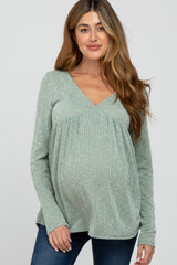 Light Olive Ribbed V-Neck Babydoll Maternity Top