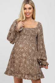 Taupe Floral Leopard Print Smocked Maternity Dress