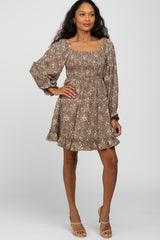 Taupe Floral Leopard Print Smocked Dress