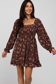 Rust Floral Leopard Print Smocked Dress