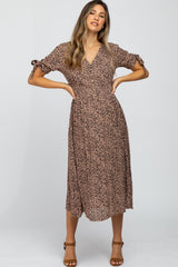 Taupe Spotted Button Front Tie Sleeve Maternity Midi Dress