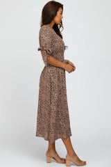 Taupe Spotted Button Front Tie Sleeve Midi Dress