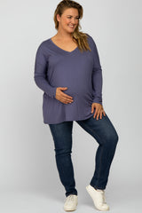 Blue V-Neck Maternity Plus Top