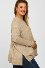 Taupe V-Neck Brushed Maternity Plus Knit Top