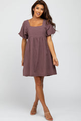 Purple Check Print Square Neck Maternity Babydoll Dress