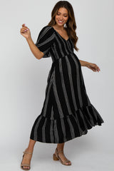 Black Stripe Tribal Print Smocked Maternity Midi Dress