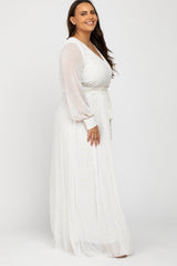 White Metallic Print Chiffon Plus Maxi Dress