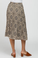 Black Print Pleated Midi Skirt