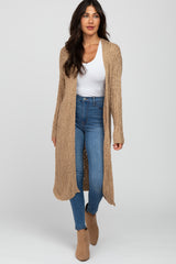 Camel Ribbed Knit Long Cardigan