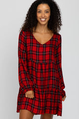 Red Plaid Tiered Long Sleeve Dress