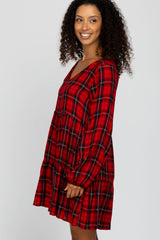 Red Plaid Tiered Long Sleeve Dress