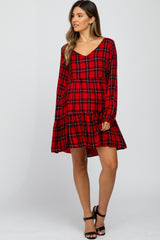 Red Plaid Tiered Long Sleeve Maternity Dress